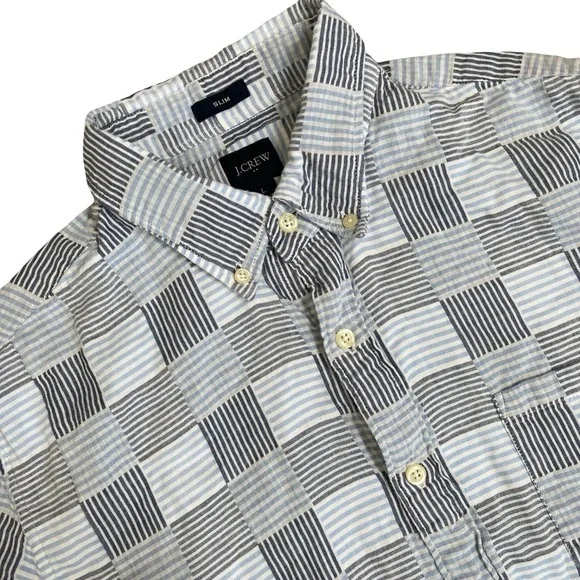J.Crew Slim Fit Short Sleeve Button Down Shirt Blue Checkered Mens L Cotton - Picture 1 of 9